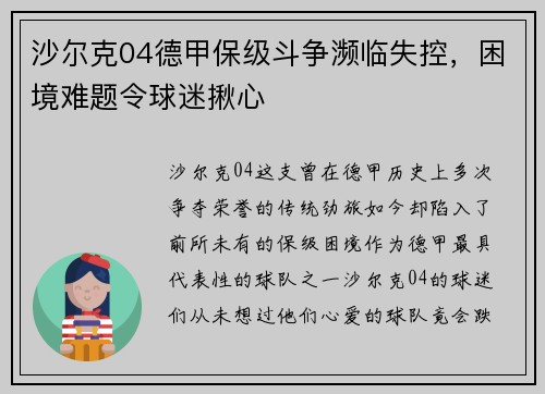 沙尔克04德甲保级斗争濒临失控，困境难题令球迷揪心
